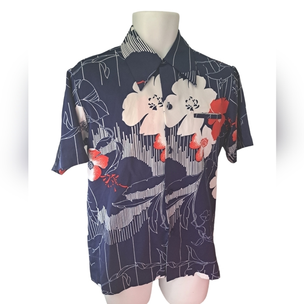 VTG HAWAII NEI HONOLULU floral shirt short sleeve ALOHA COASTAL blue white M
